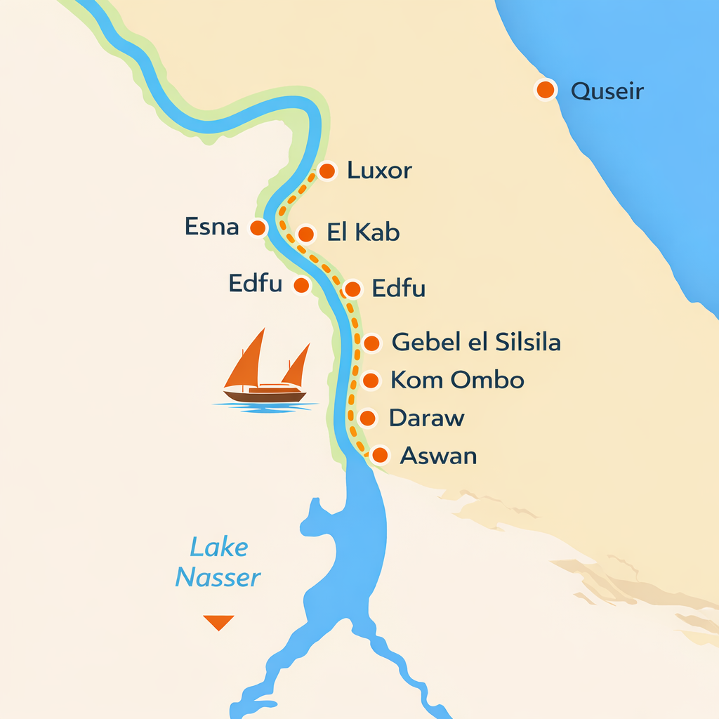 Nile Dahabiya Sailing Cruise Route